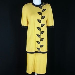 Vintage 80s yellow black knit sweater skirt set